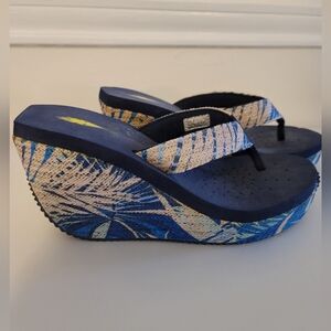 Blue and Beige Leaf Print Wedge Sandals